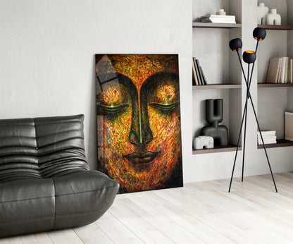 Golden Serene Buddha Face Glass Wall Art