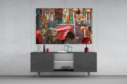 Purple Dress Woman Red Vintage Roadster Glass Wall Art