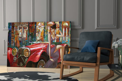 Purple Dress Woman Red Vintage Roadster Glass Wall Art