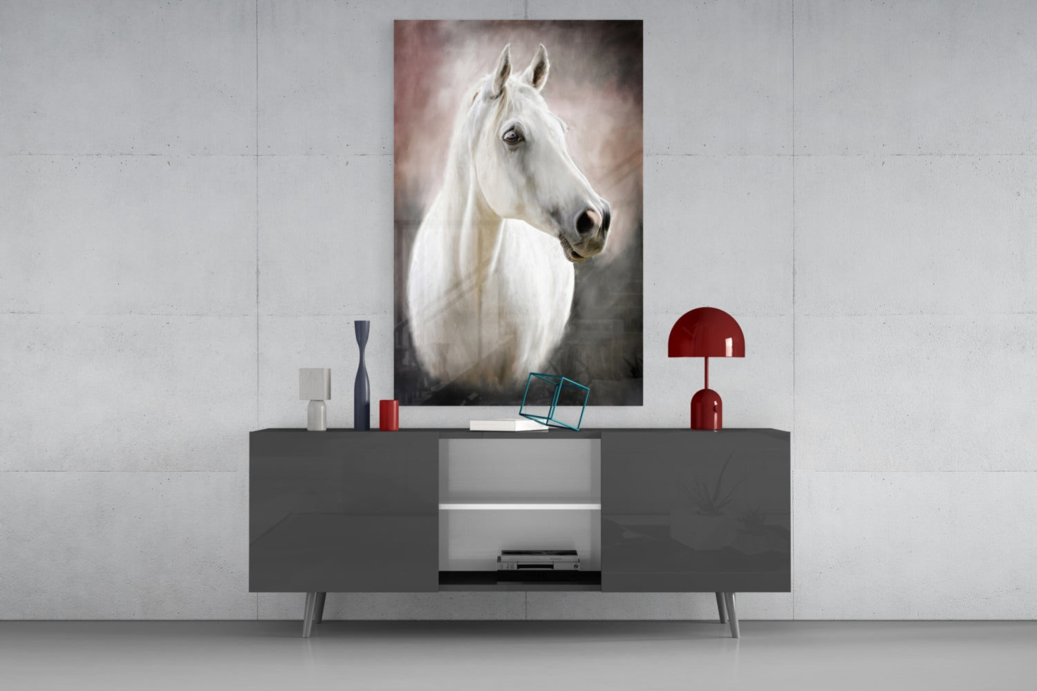 Serene White Horse Portrait Glass Wall Art