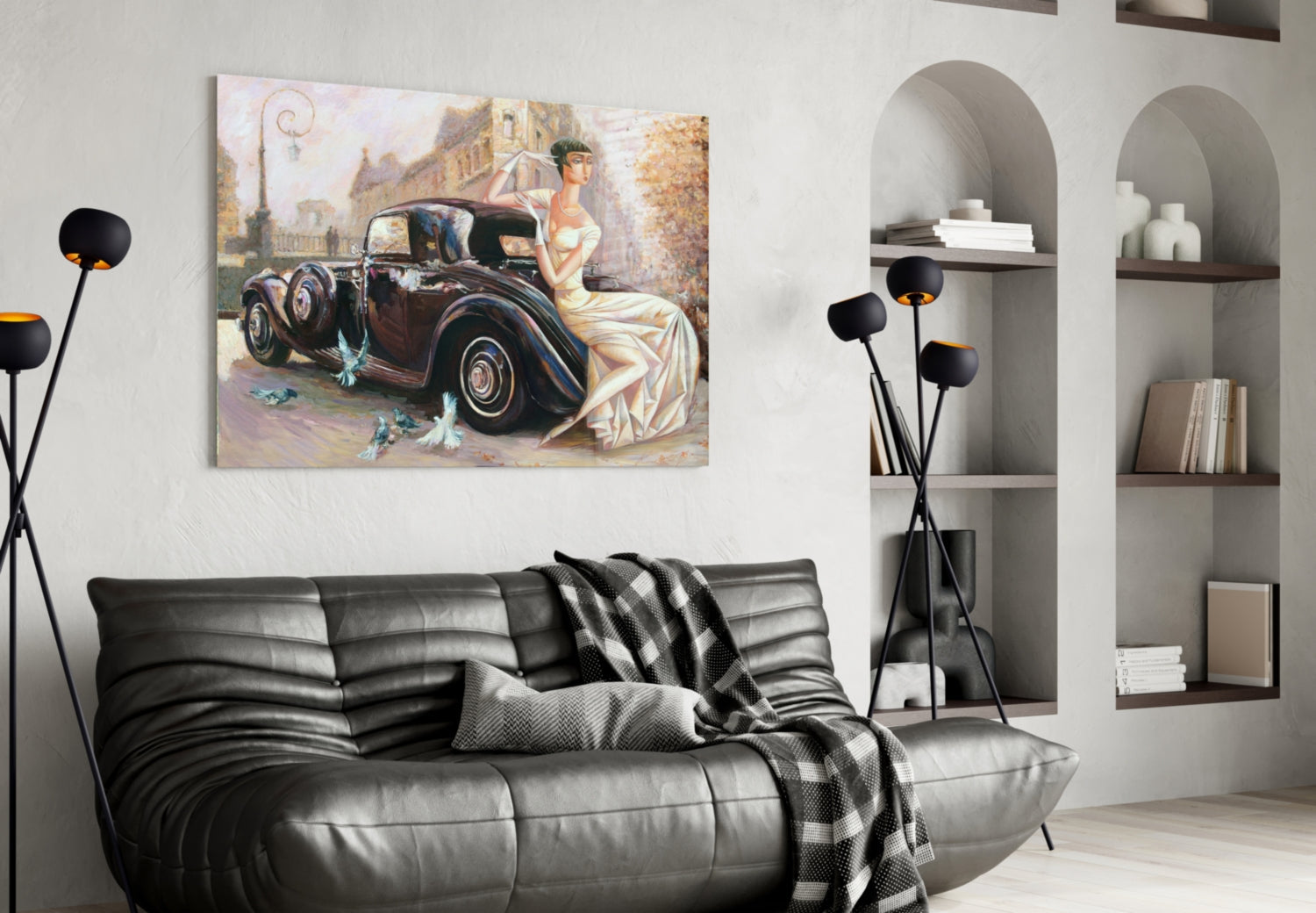 Ivory Gown Lady Black Classic Car Glass Wall Art