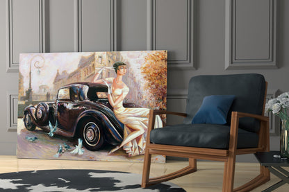 Ivory Gown Lady Black Classic Car Glass Wall Art