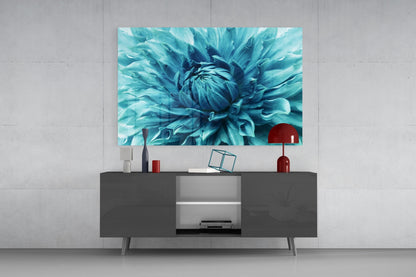 Turquoise Dahlia Petal Closeup Glass Wall Art