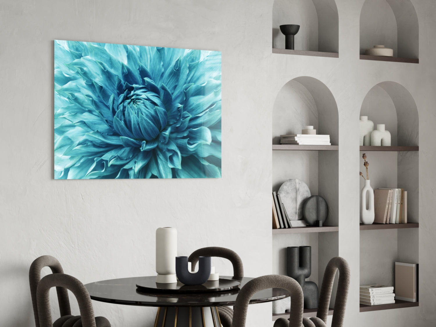 Turquoise Dahlia Petal Closeup Glass Wall Art