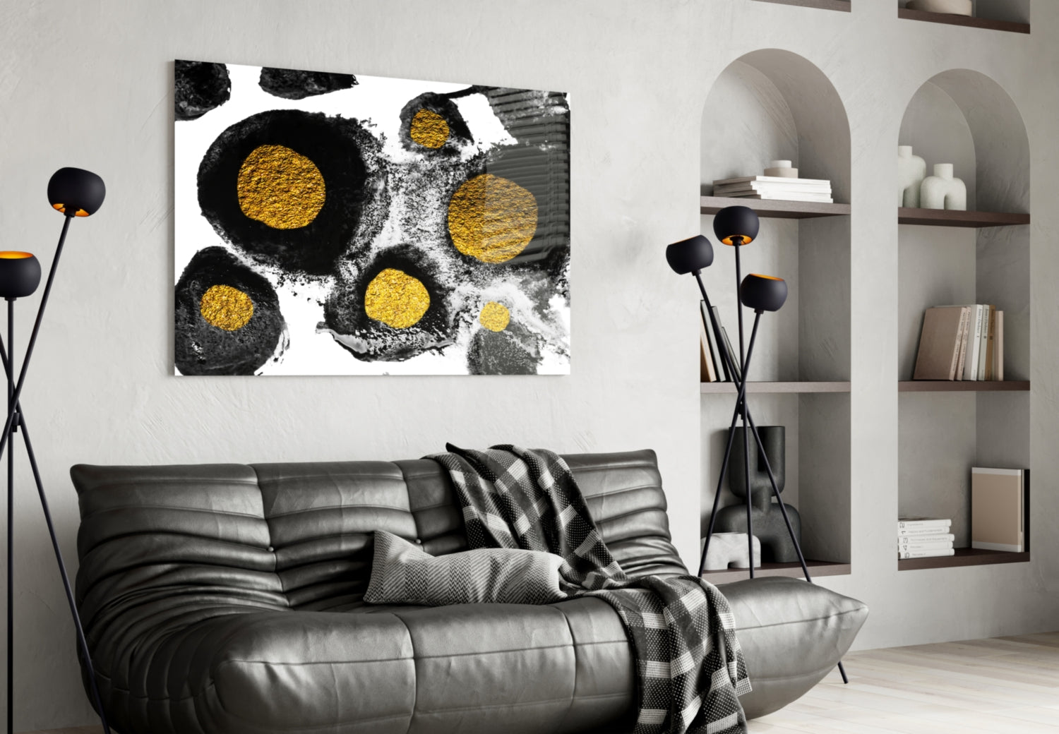 Black and Gold Ink Circles Glass Wall Art