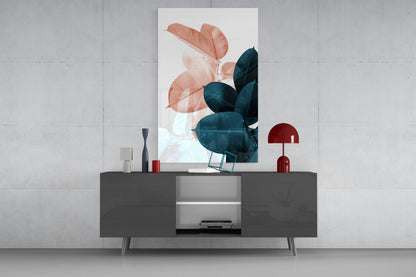 Blush Teal Rubber Plant Leaves Glass Wall Art