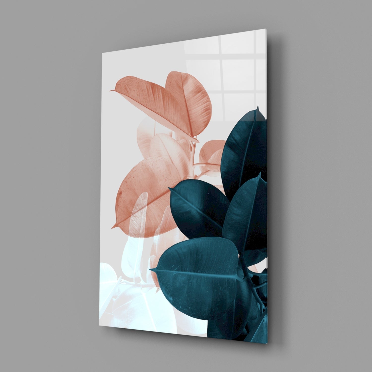 Blush Teal Rubber Plant Leaves Glass Wall Art