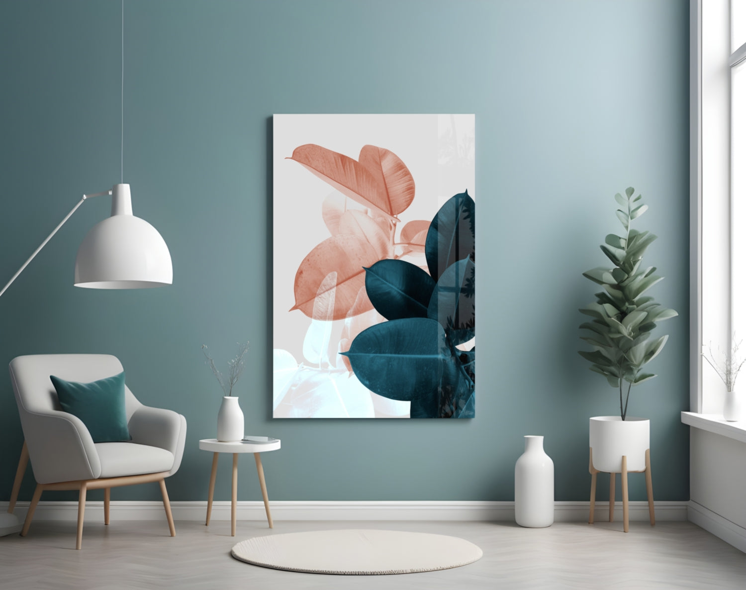 Blush Teal Rubber Plant Leaves Glass Wall Art