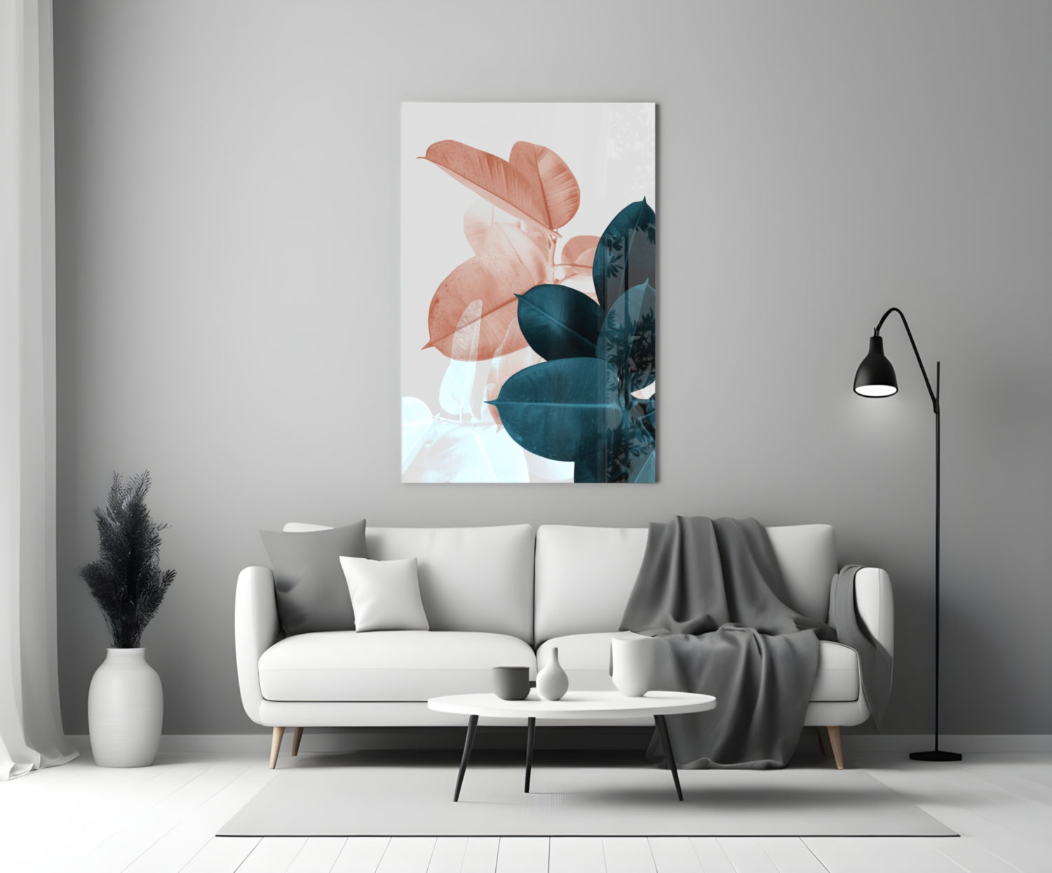 Blush Teal Rubber Plant Leaves Glass Wall Art