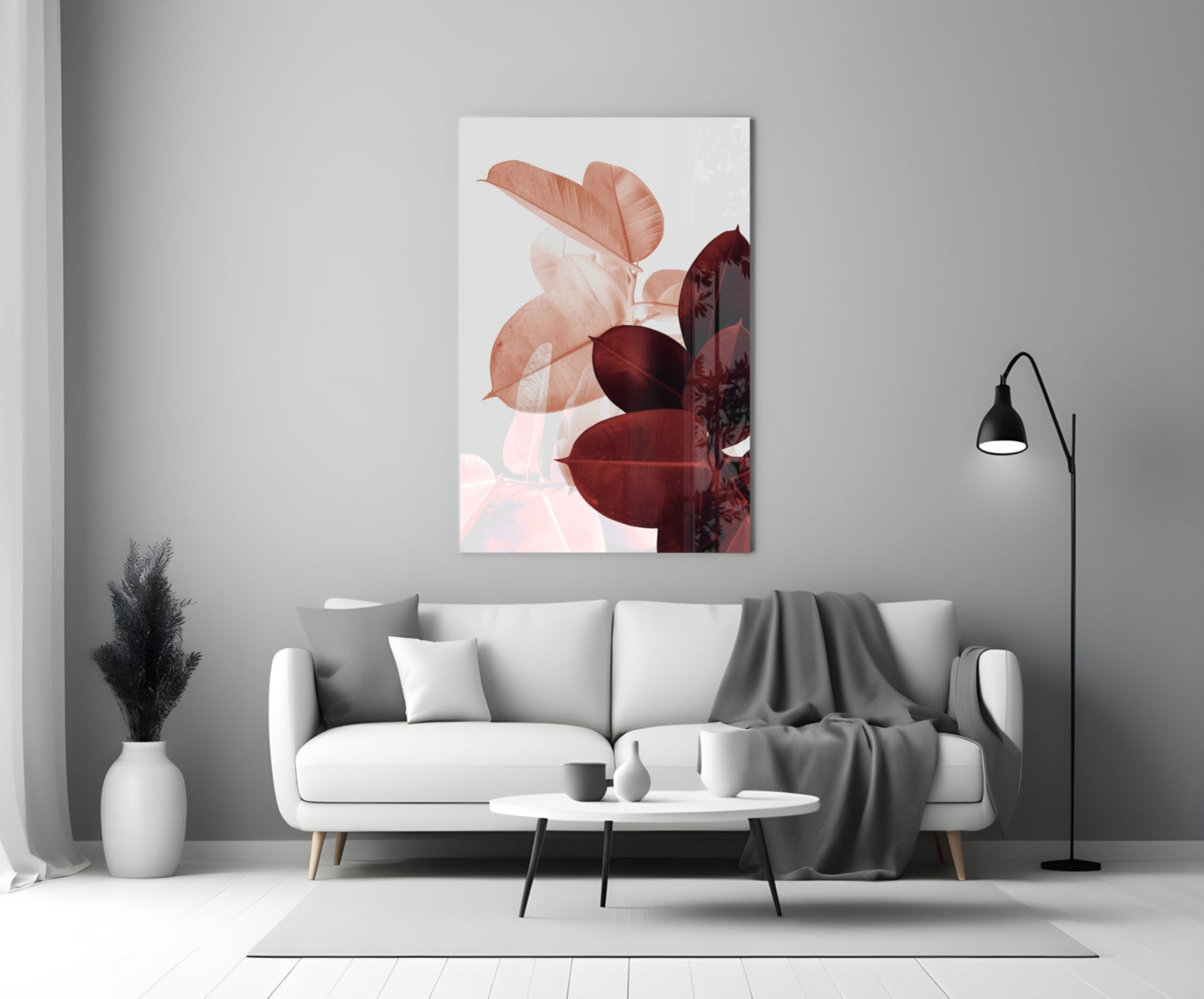 Blush Burgundy Rubber Leaves Glass Wall Art