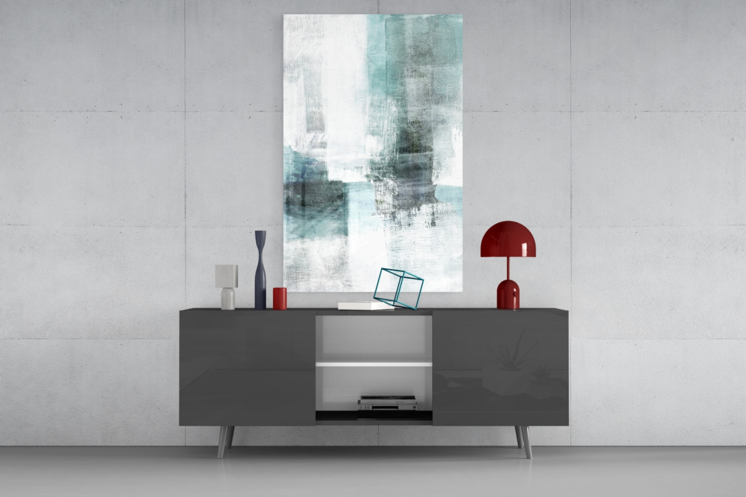 Teal White Minimalist Blocks Glass Wall Art