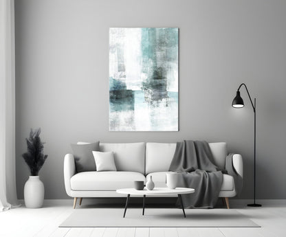 Teal White Minimalist Blocks Glass Wall Art