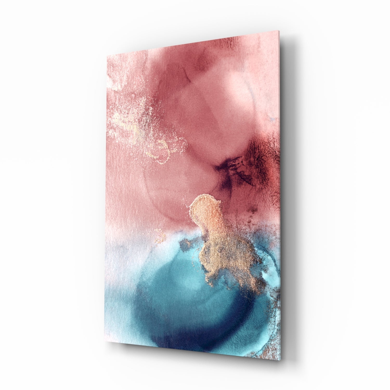 Pink Teal Gold Ink Bloom Glass Wall Art