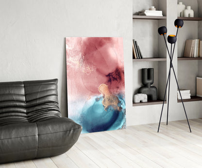 Pink Teal Gold Ink Bloom Glass Wall Art