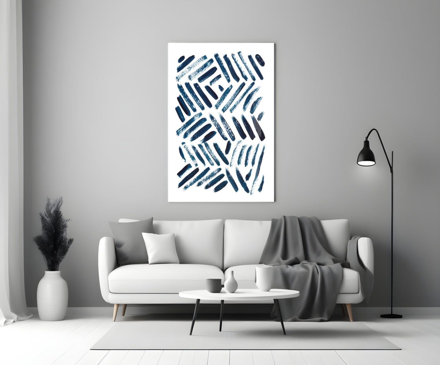 Navy Chevron Brush Dashes Glass Wall Art