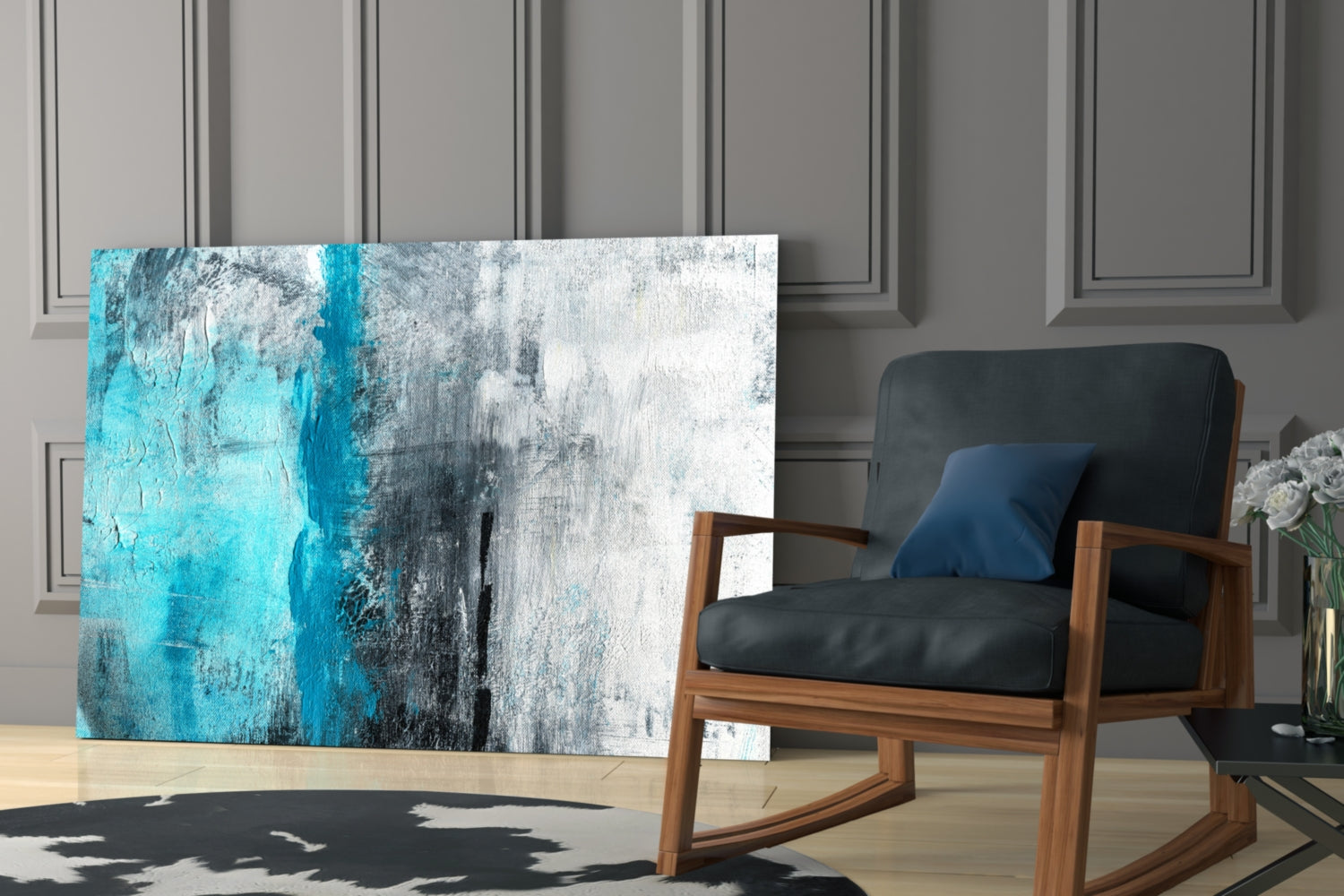 Turquoise Stripe Gray Texture Glass Wall Art