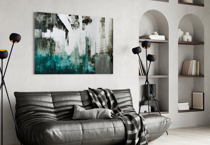 Teal Black Grunge Skyline Glass Wall Art