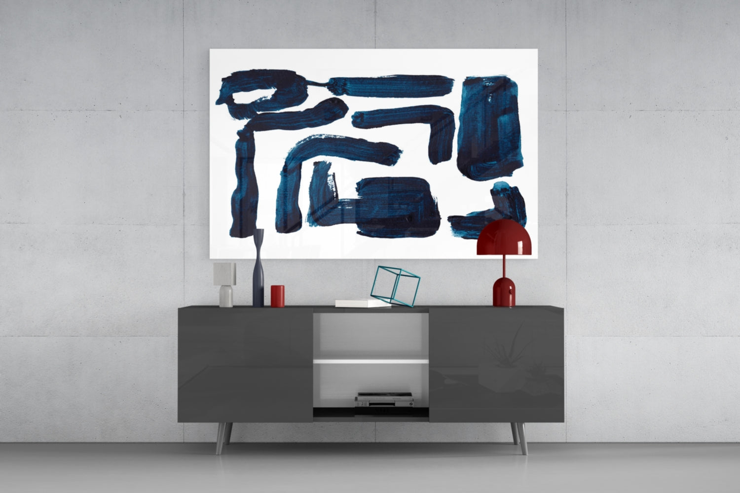 Indigo Blocky Ink Strokes Glass Wall Art