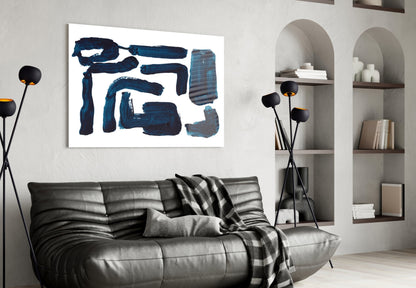 Indigo Blocky Ink Strokes Glass Wall Art