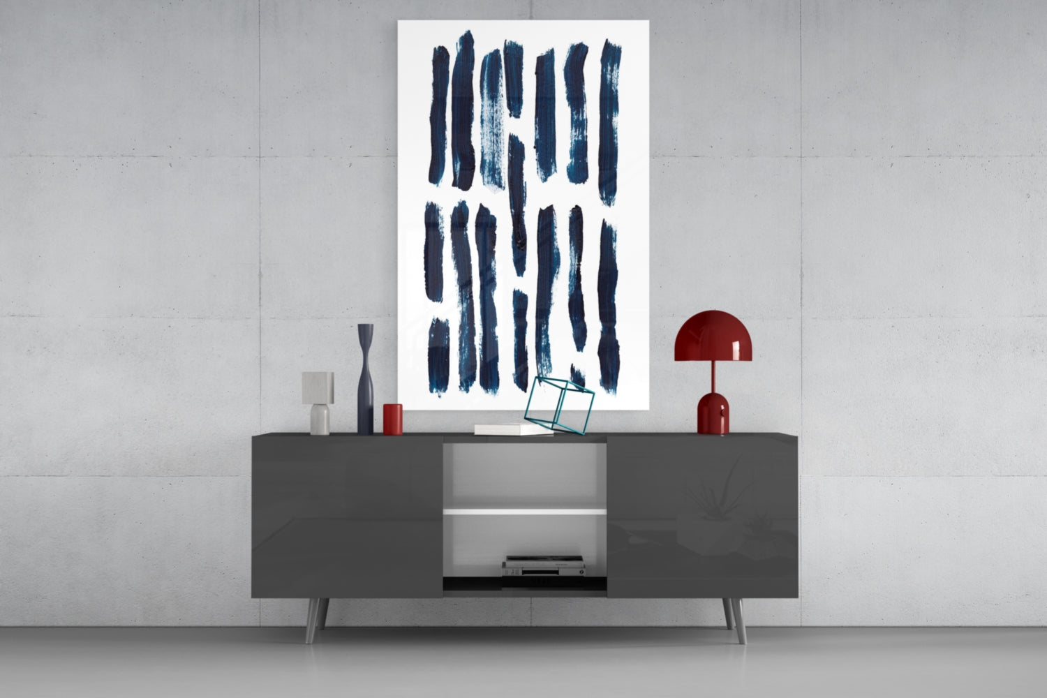 Vertical Navy Brush Bars Glass Wall Art