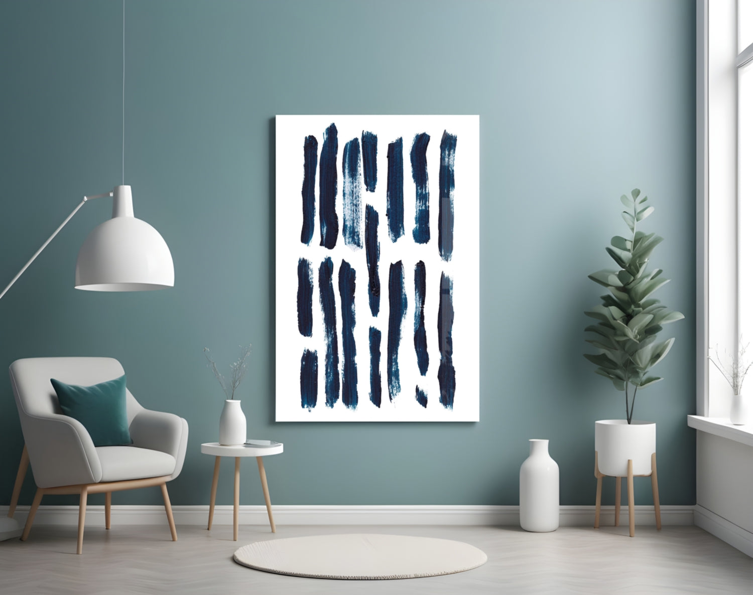 Vertical Navy Brush Bars Glass Wall Art
