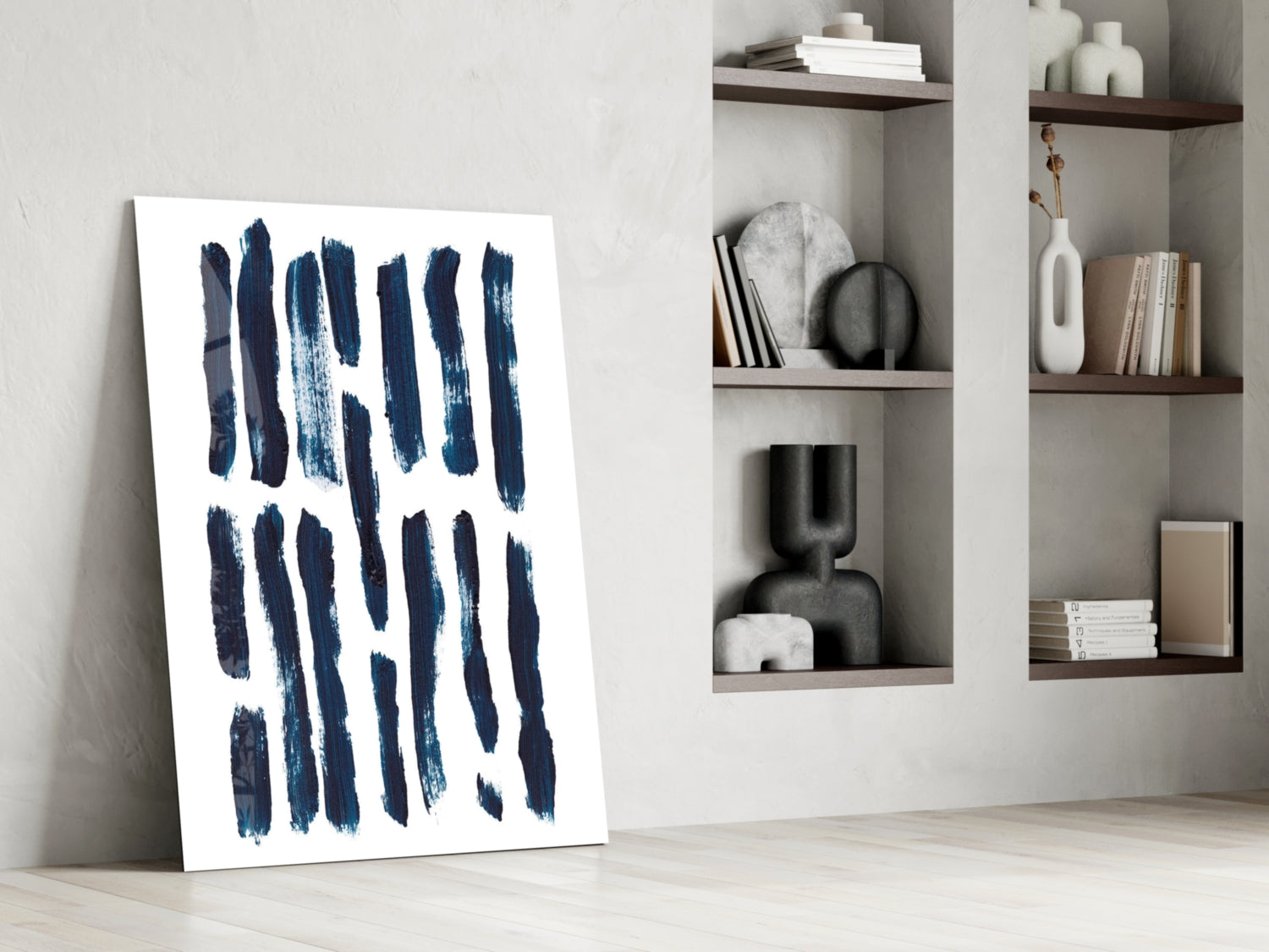 Vertical Navy Brush Bars Glass Wall Art