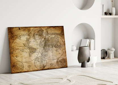Antique Hemisphere Cartography World Map Glass Wall Art