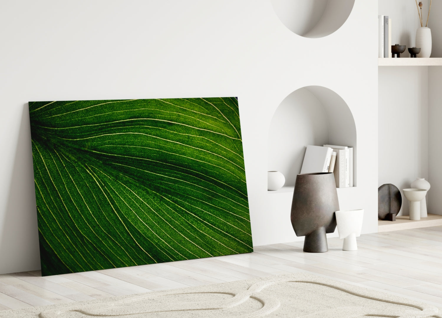 Radiating Green Leaf Vein Lines Glass Wall Art