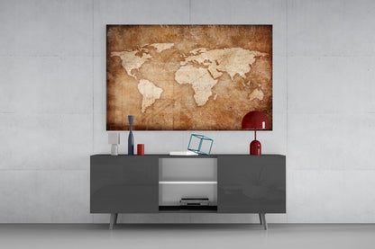 Rustic Brown Parchment World Map Glass Wall Art