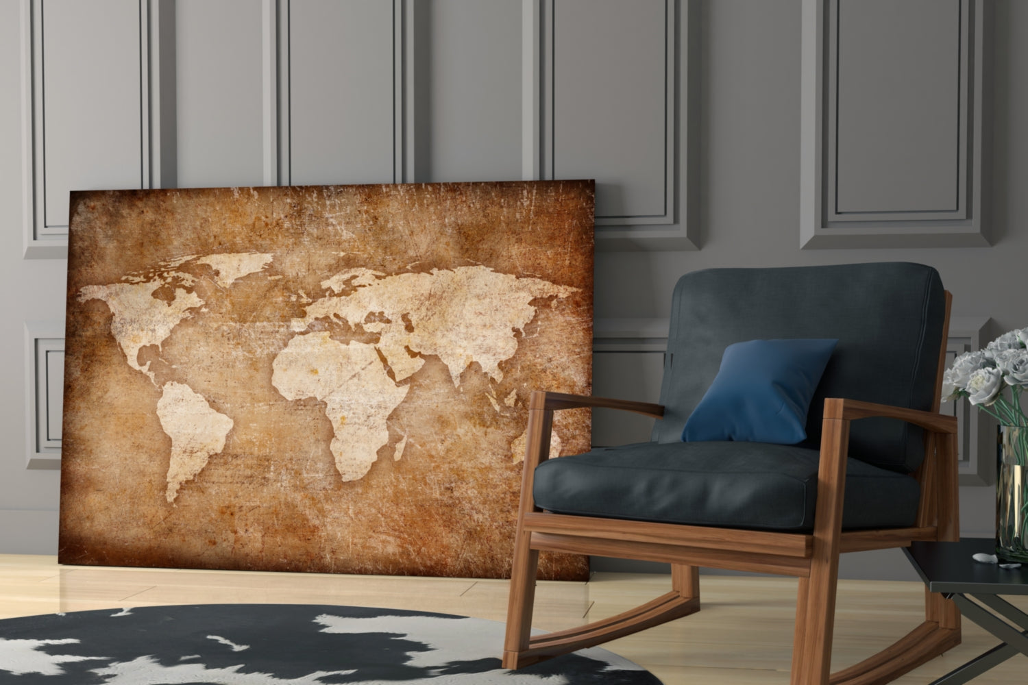 Rustic Brown Parchment World Map Glass Wall Art