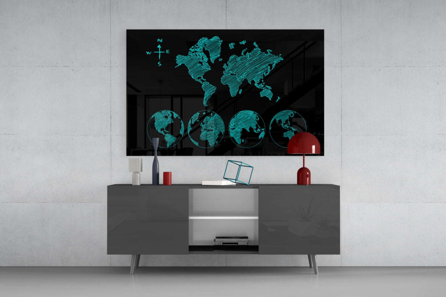 Turquoise Sketch World Map and Globes Glass Wall Art