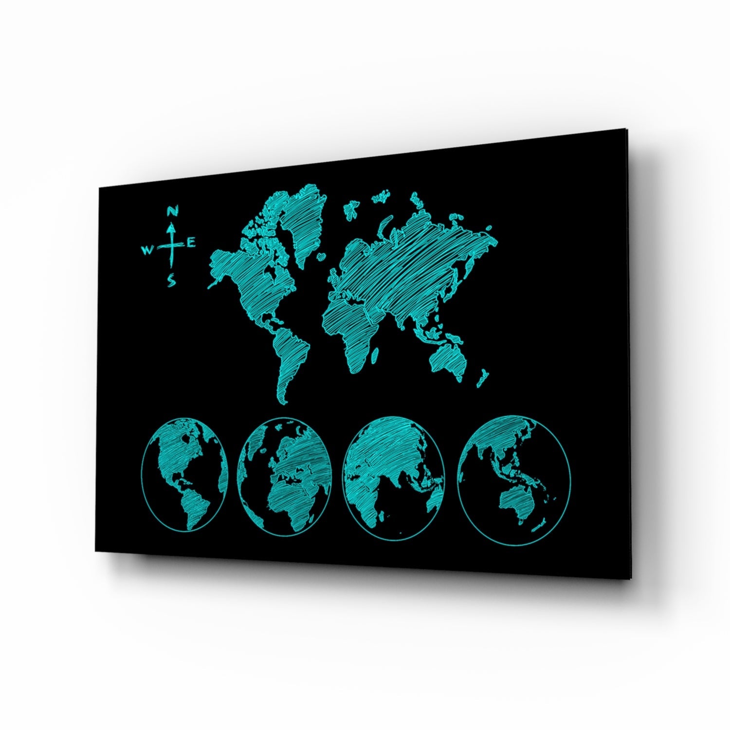 Turquoise Sketch World Map and Globes Glass Wall Art