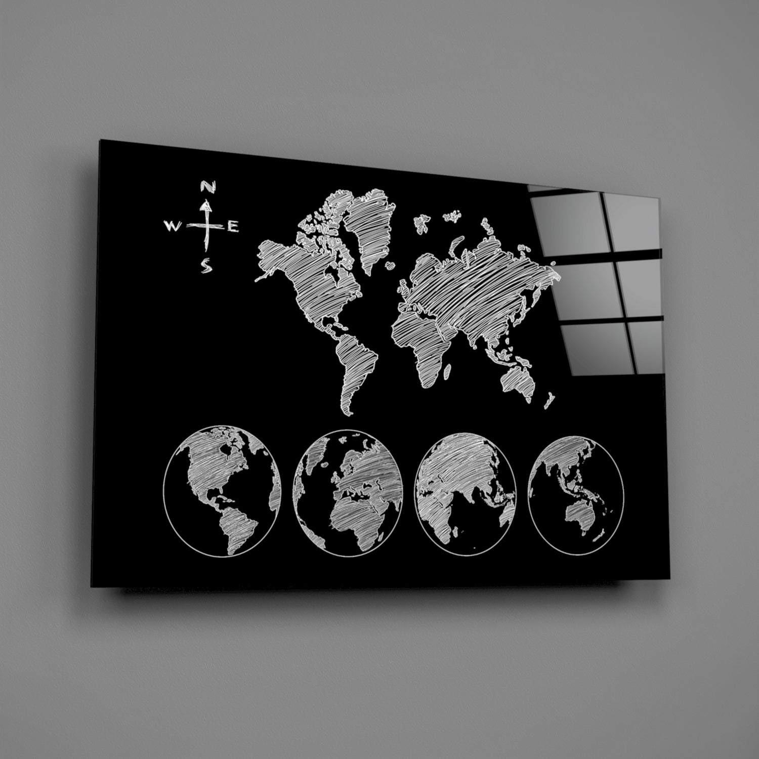 White Sketch World Map and Globes Glass Wall Art