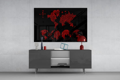Red Sketch World Map and Globes Glass Wall Art