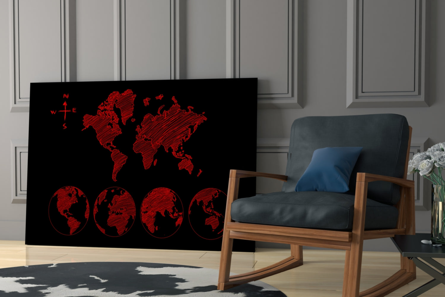 Red Sketch World Map and Globes Glass Wall Art
