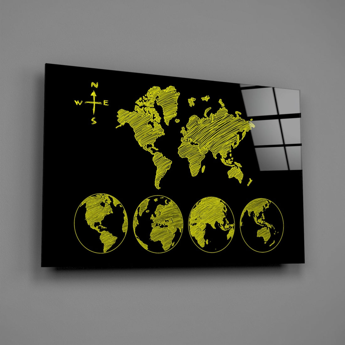 Yellow Sketch World Map and Globes Glass Wall Art