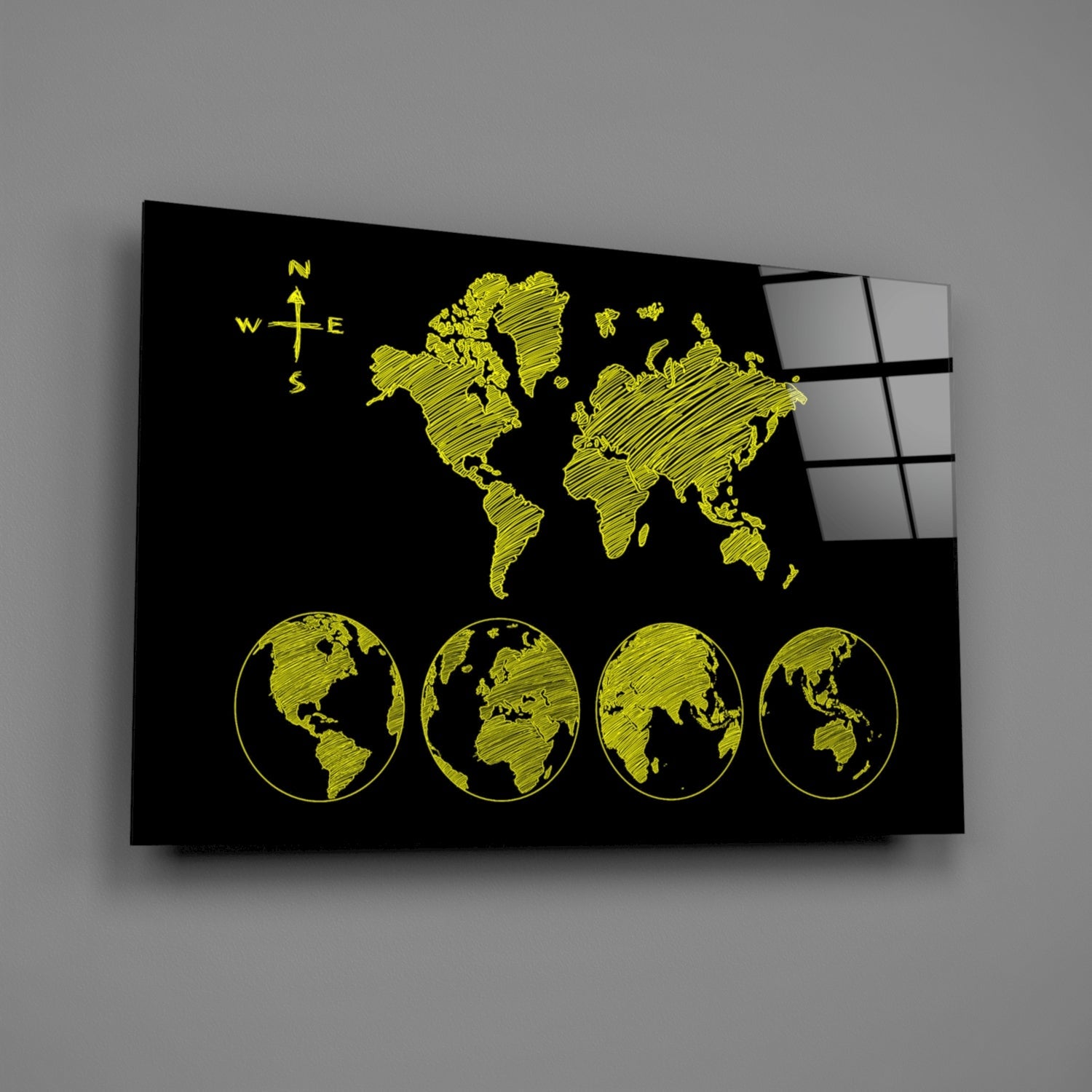 Yellow Sketch World Map and Globes Glass Wall Art