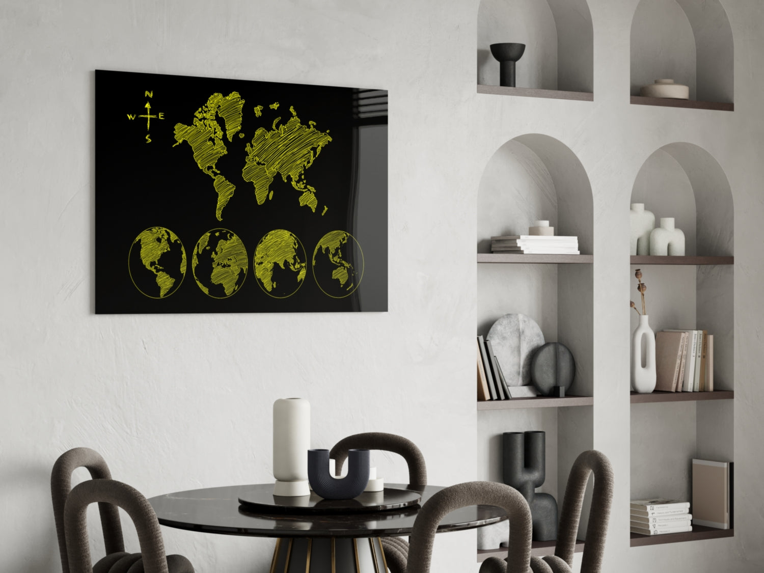 Yellow Sketch World Map and Globes Glass Wall Art