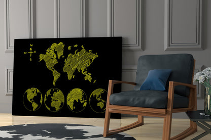 Yellow Sketch World Map and Globes Glass Wall Art