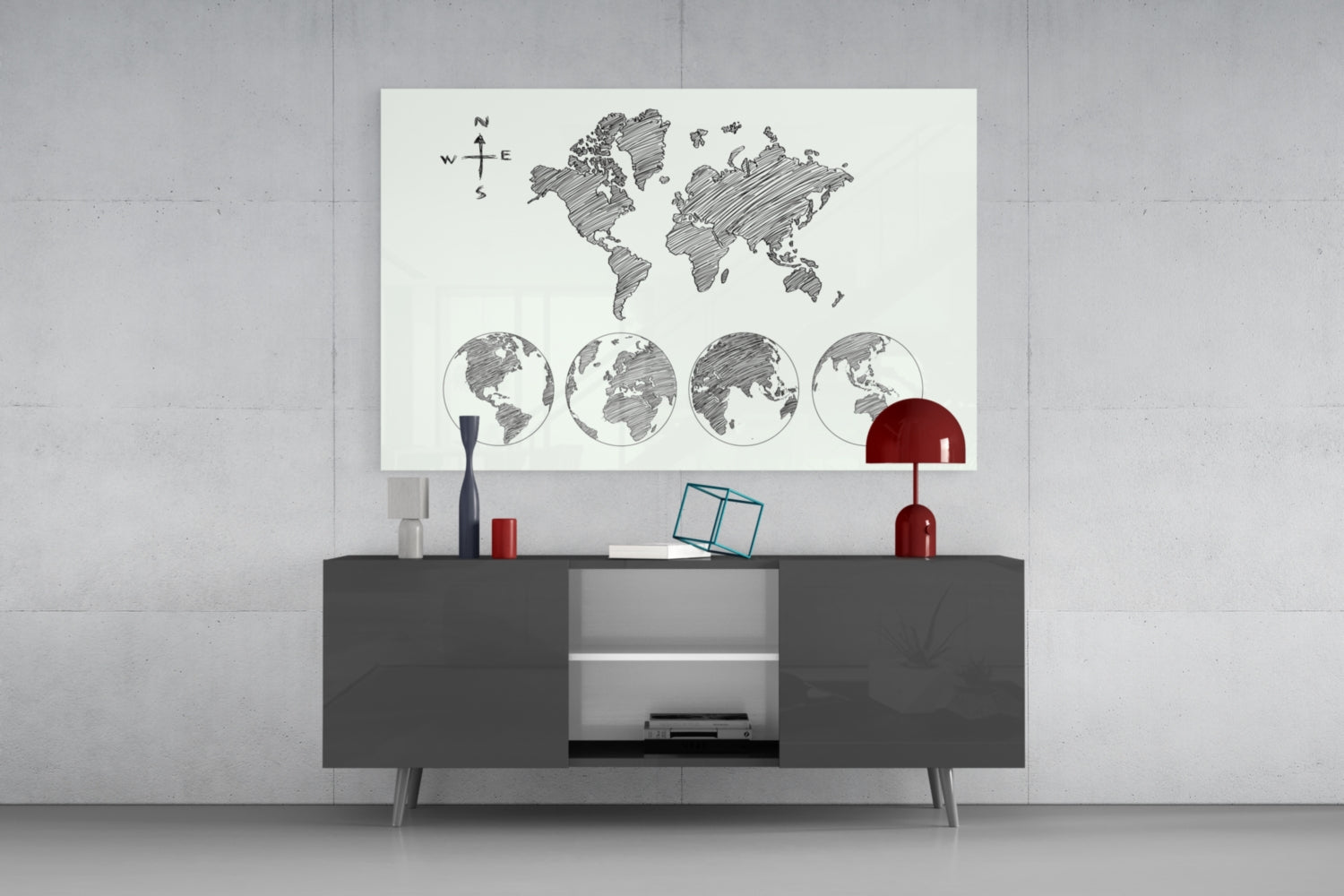 Gray Sketch World Map on Light Ground Glass Wall Art