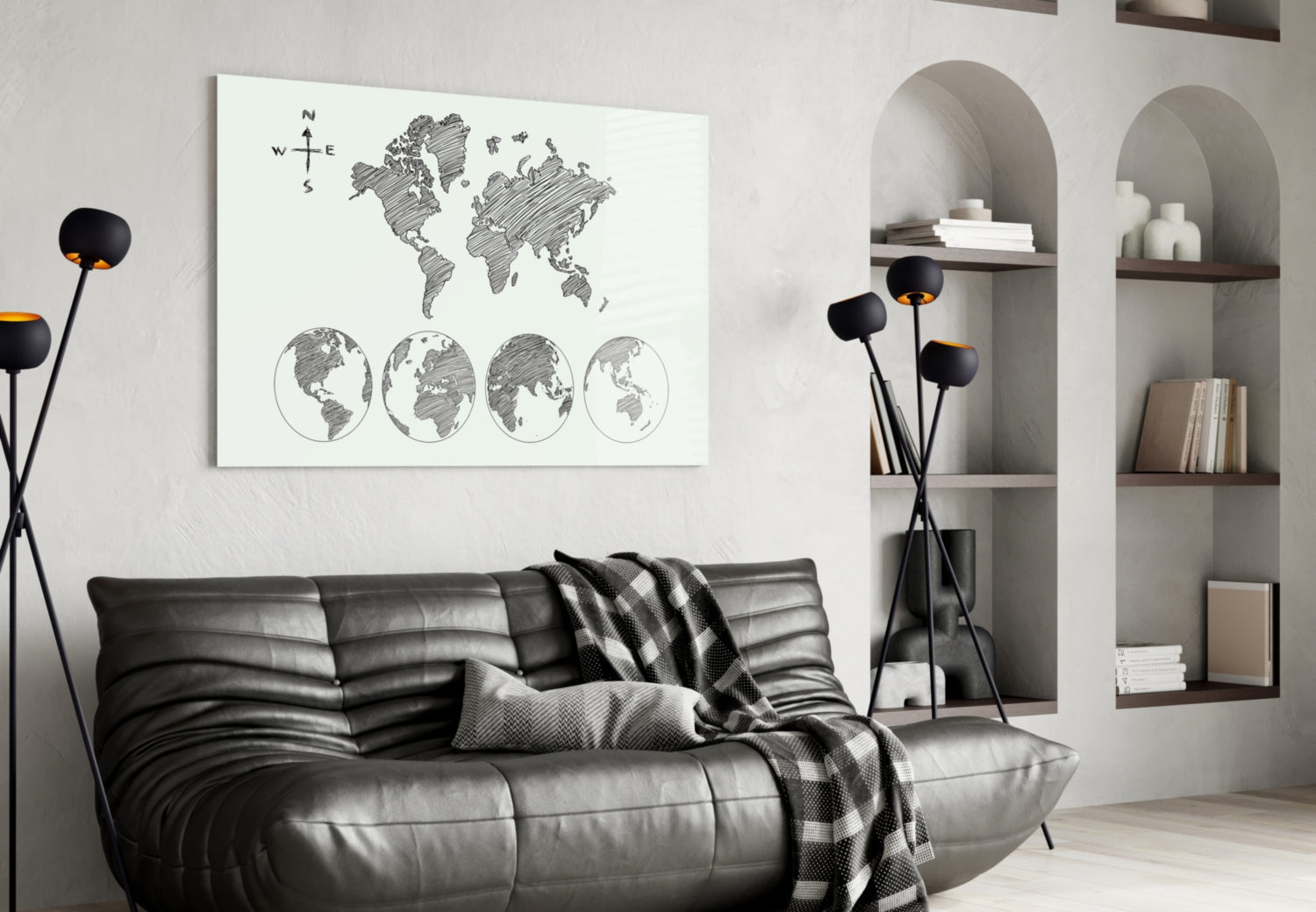 Gray Sketch World Map on Light Ground Glass Wall Art
