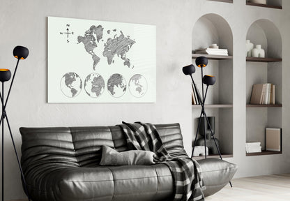 Gray Sketch World Map on Light Ground Glass Wall Art