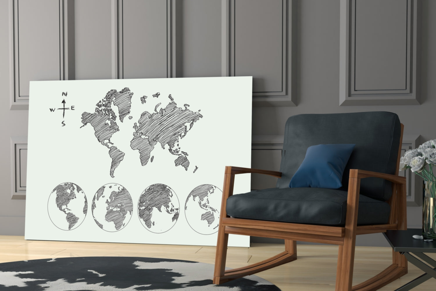 Gray Sketch World Map on Light Ground Glass Wall Art