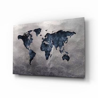 Navy Continents Silver Foil World Map Glass Wall Art