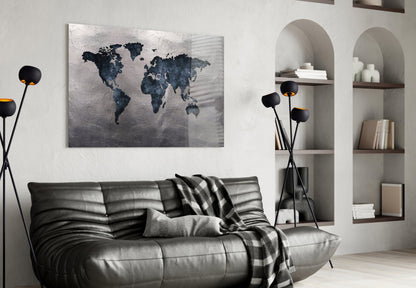 Navy Continents Silver Foil World Map Glass Wall Art