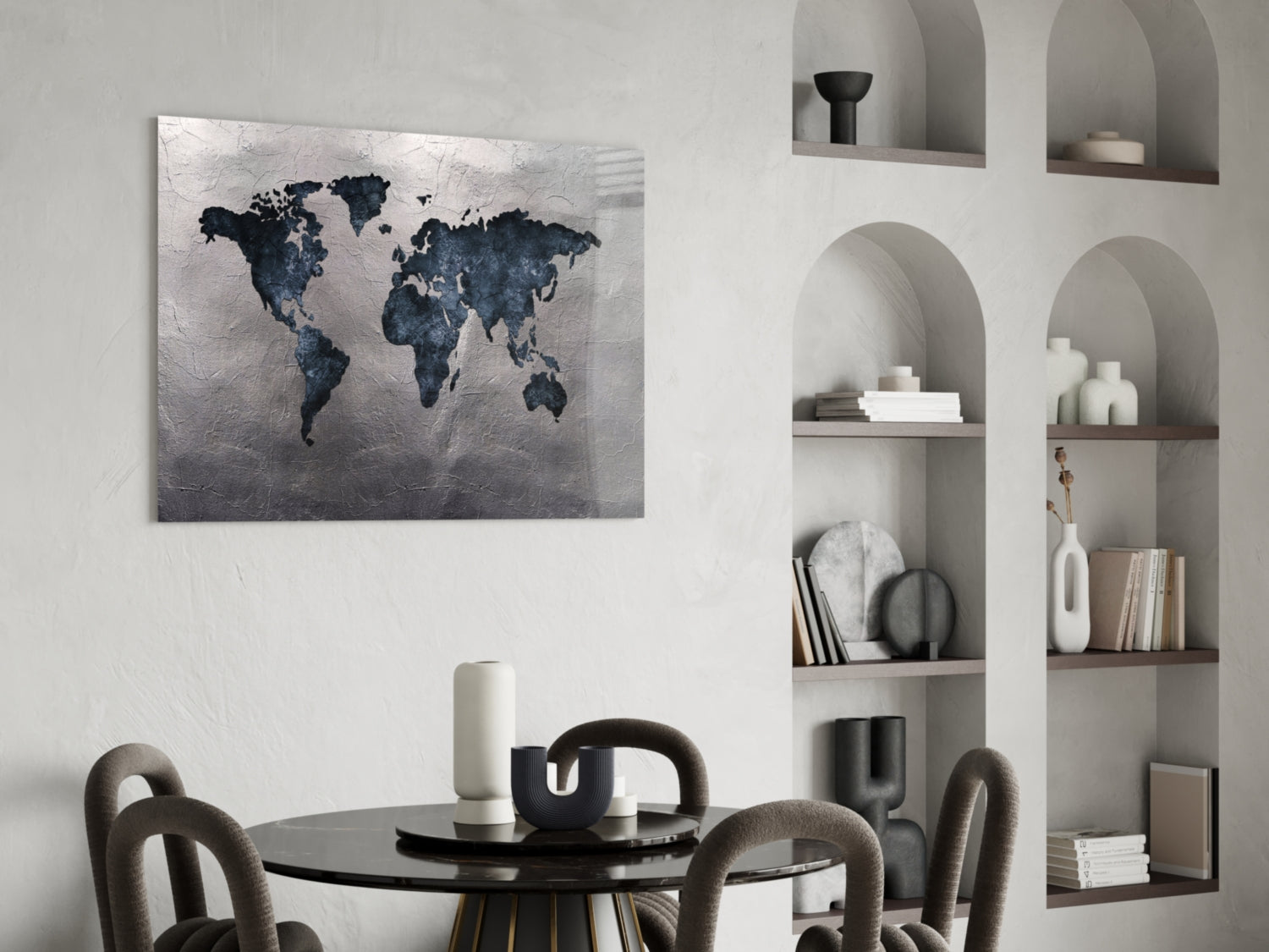 Navy Continents Silver Foil World Map Glass Wall Art