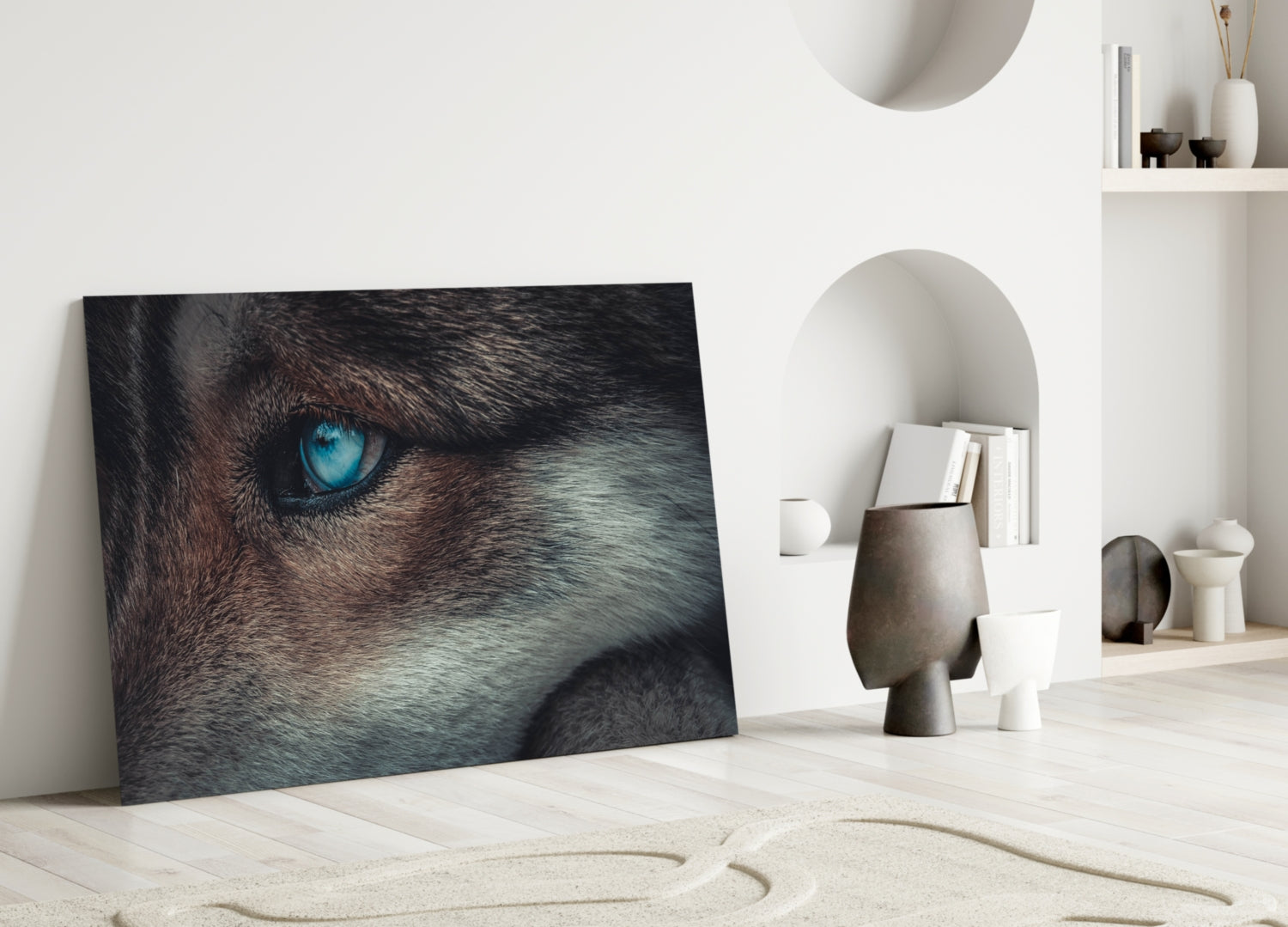 Ice Blue Wolf Eye Closeup Glass Wall Art