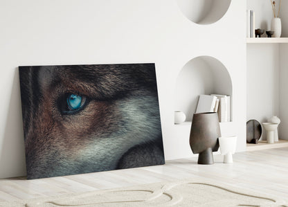 Ice Blue Wolf Eye Closeup Glass Wall Art