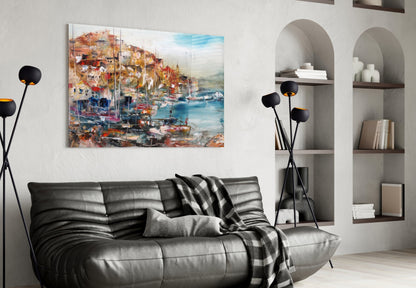 Colorful Harbor Town With Sailboats Glass Wall Art