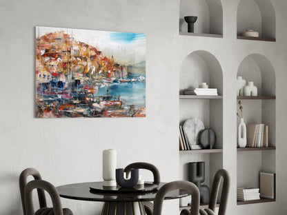 Colorful Harbor Town With Sailboats Glass Wall Art